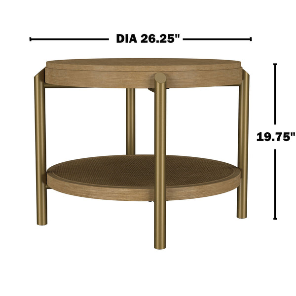 English Elm Round Two Tier Side Table with Rattan Shelf Aged Brass Legs for Living Room Sand B016P469322