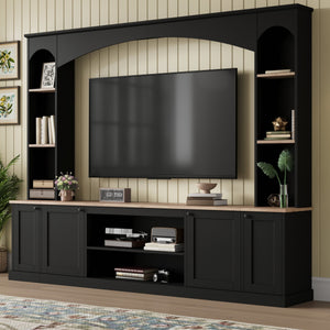 English Elm Arched Farmhouse Entertainment Center with Open Shelving for Living Room Black N721S000063B