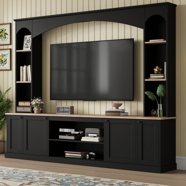 English Elm Arched Farmhouse Entertainment Center with Open Shelving for Living Room Black N721S000063B
