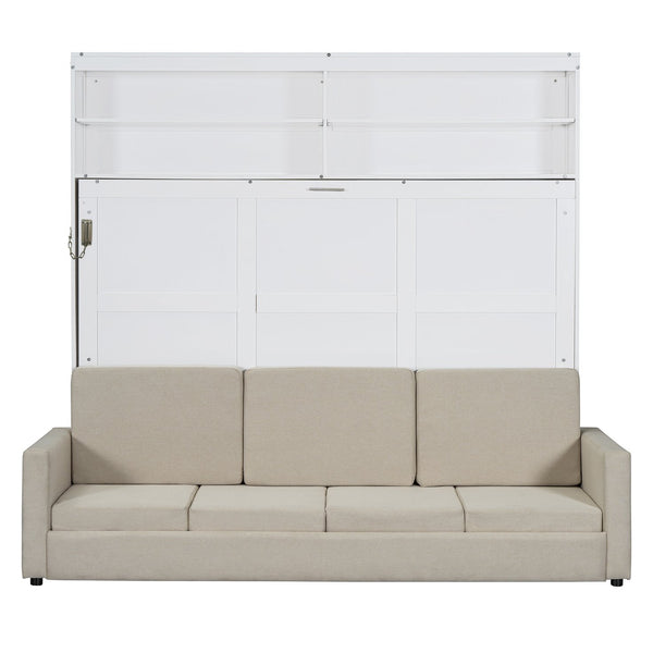 English Elm Queen Murphy Wall Bed with Integrated Sofa Linen Upholstered for Studio Apartments White LP000892AAK-1