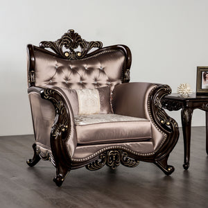 English Elm Dark Classic Tufted Accent Chair with Rolled Arms, Carved Wood Trim and Nailhead Detailing, Luxe Seating Statement Brown,Cherry 41 L x 42 W x 33 H B2741P380802