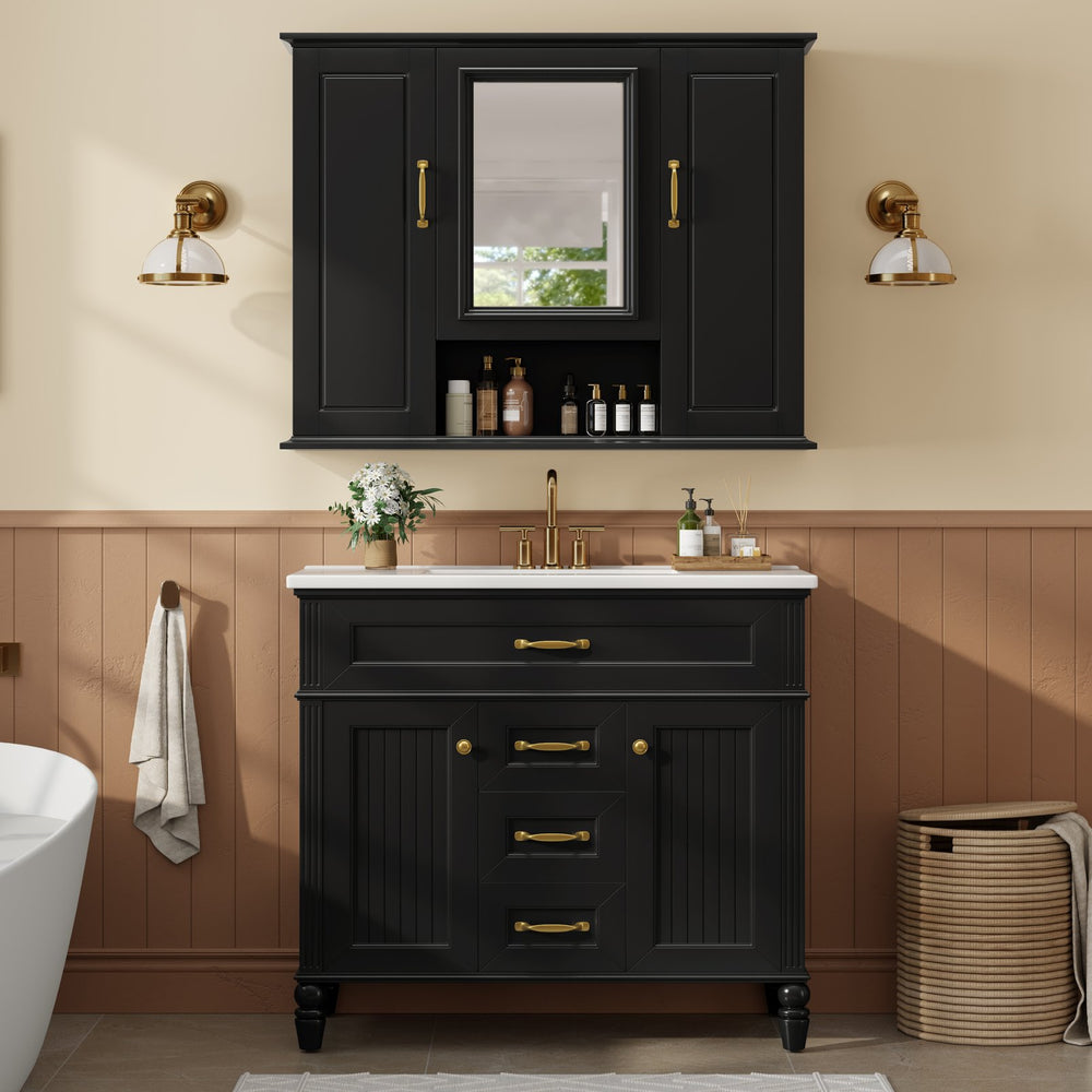 English Elm 36" Freestanding Single Sink Bathroom Vanity Rubberwood Cabinet with Matching Mirror Black N725S314034B