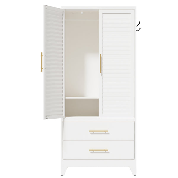 English Elm White Steel Freestanding Wardrobe Cabinet with Rod and Shelves for Dorm or Apartment T2398P480393