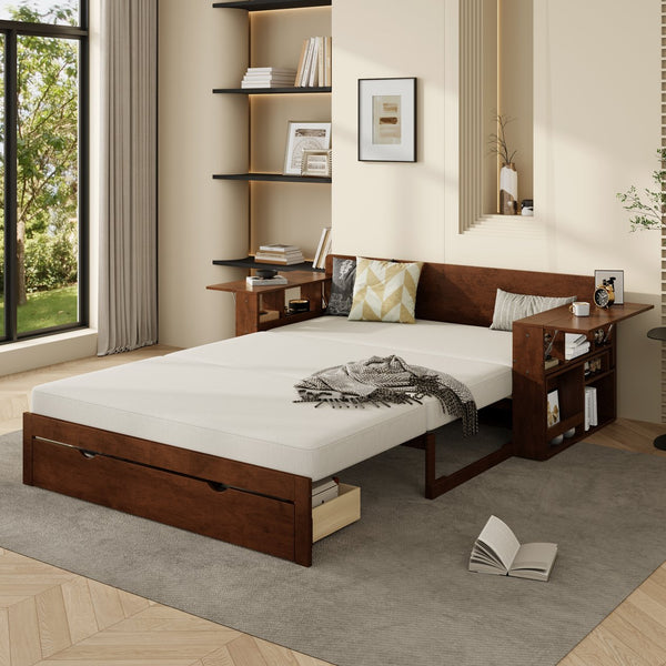 English Elm Full Size Daybed with Hydraulic Desk Armrests Storage Drawer and Sofa Seating Espresso LT000271AAP
