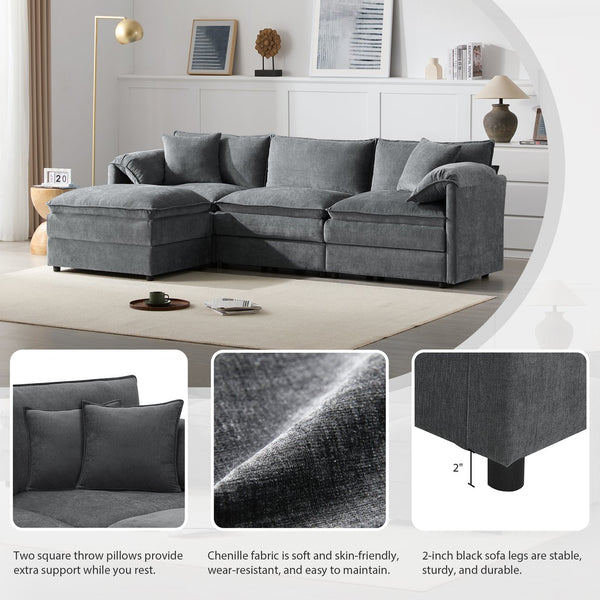 English Elm [video]103" Chenille L-shaped Sectional with Movable Ottoman Deep Seat Cloud Sofa Dark Gray N723S0687B