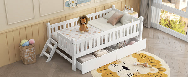 English Elm Wood Twin Platform Bed with Guardrail, Solid Pine Construction, 2 Underbed Drawers for Storage and Playroom Space White N709P242145K