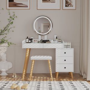 English Elm Dressing Table with LED Touch Mirror, Glass Top, 5 Drawers & Extendable Side Table, White, USB W2139P193930