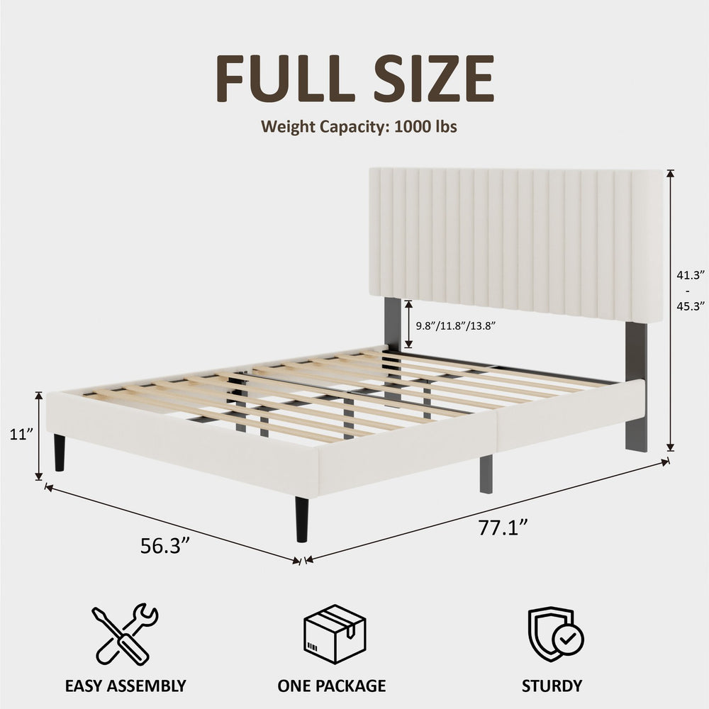 English Elm Full Size Velvet Tufted Platform Bed Adjustable Headboard Steel Slat Base Easy Assembly Beige W5239P502683