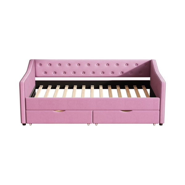 English Elm Twin Size Upholstered Daybed With Storage Drawers, Button-Tufted Pink Sofa Bed For Stylish Comfort W2336S00032-GIGA