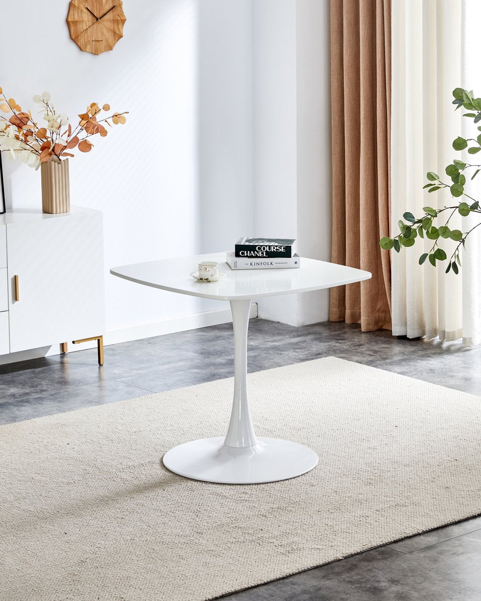 English Elm White Square Tulip Table 24" — Modern Matte White MDF Top, Metal Pedestal Base, Compact Bistro Dining Table for Apartment, Office & Cafe W3766P370563