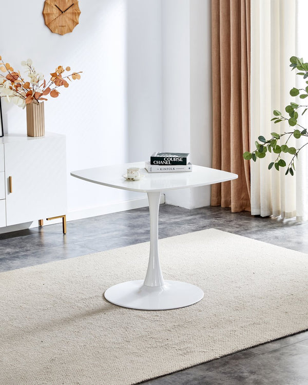 English Elm White Square Tulip Table 24" — Modern Matte White MDF Top, Metal Pedestal Base, Compact Bistro Dining Table for Apartment, Office & Cafe W3766P370563