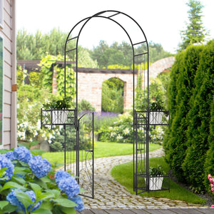 English Elm Outsunny 7' Garden Arch Arbor with Double Gate, Planters & Scrollwork Trellis for Vines, Black W2225P200806