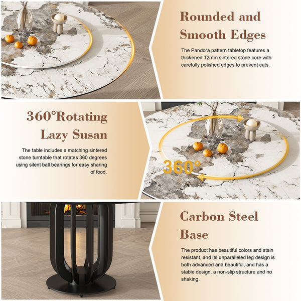 English Elm 53" Round Sintered Stone Dining Table With Lazy Susan, Black Steel Base - Stylish & Durable Design W2699S00040