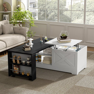 English Elm U-can Farmhouse Lift Top Coffee Table Barn Door Hidden Storage Living Room White+Black N724P351732K
