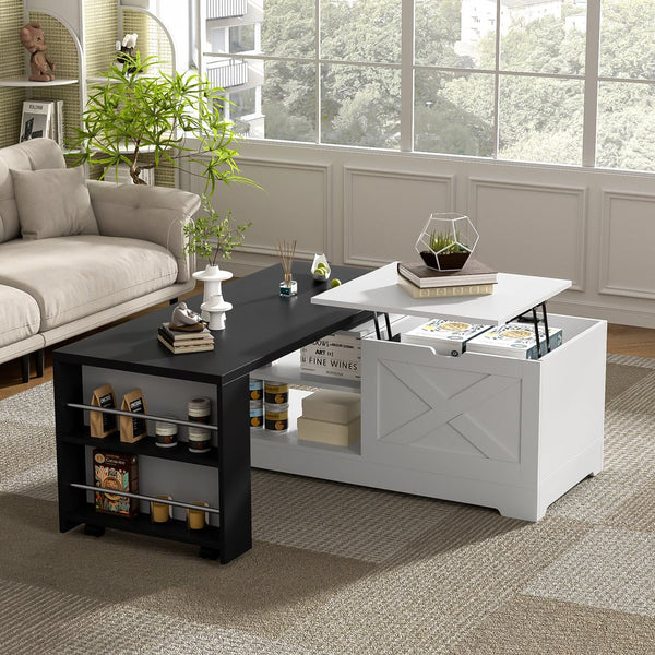 English Elm U-can Farmhouse Lift Top Coffee Table Barn Door Hidden Storage Living Room White+Black N724P351732K