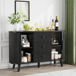 English Elm Sideboard Fluted Credenza with Three Drawers Two Doors Matte Black Modern Storage Black T3773P417309