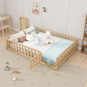 English Elm Full Full Size Floor Platform Bed with Safety Fence and Door, Montessori Toddler Frame with Slats, Sturdy Pine Construction for Secure Sleep and Playtime Natural 77.76 L x 17.52 W x 6.3 H W1716132149