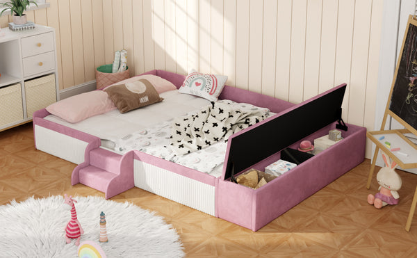 English Elm Queen Velvet Daybed with Built-in Stairs Gas Lift Storage and Padded Safety Rails Pink+White SF000203AAH