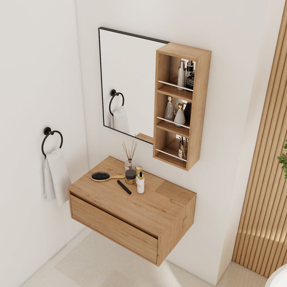 English Elm 30'' Wall Mounted Vanity Mirror Cabinet Black Aluminum Frame Open Shelf Bathroom W999S00537