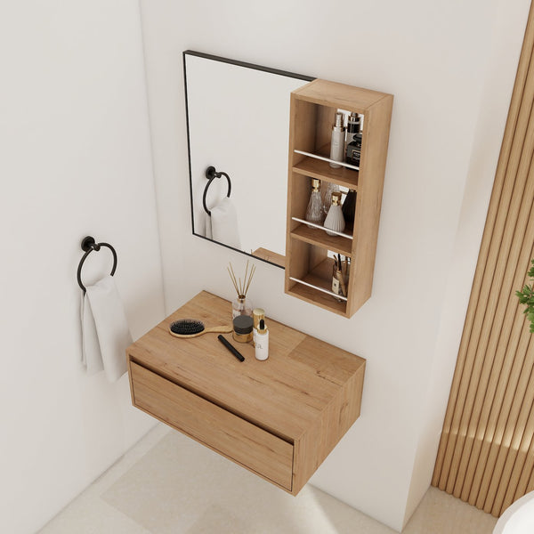 English Elm 30'' Wall Mounted Vanity Mirror Cabinet Black Aluminum Frame Open Shelf Bathroom W999S00537