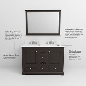 English Elm Espresso Double Bath Vanity 48 in W x 22 in D with White Quartz Top, Solid Wood, Soft-Close Drawers B2731P258199