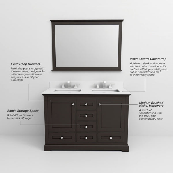 English Elm Espresso Double Bath Vanity 48 in W x 22 in D with White Quartz Top, Solid Wood, Soft-Close Drawers B2731P258199