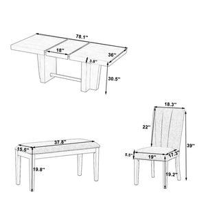 English Elm TOPMAX Solid Wood Extendable Dining Table Set for 6 with 18" Leaf, Trestle Legs, Cushioned Bench & Chairs Natural SP000089AAA