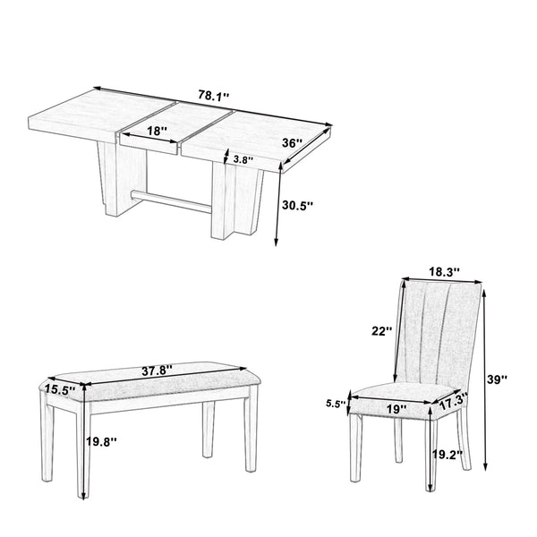 English Elm TOPMAX Solid Wood Extendable Dining Table Set for 6 with 18" Leaf, Trestle Legs, Cushioned Bench & Chairs Natural SP000089AAA