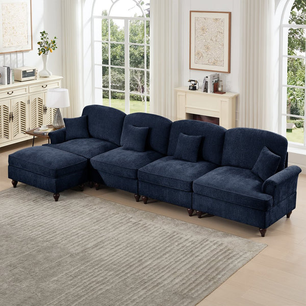 English Elm Classic Three Seater Modular L-Shaped Sectional Sofa With Flared Arms, Ruffled Skirts & Ottoman W3041S00261