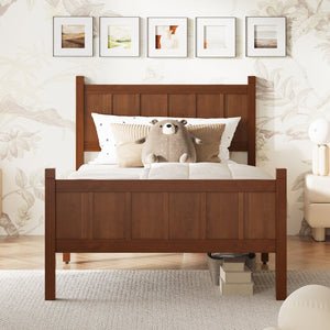 English Elm Twin Platform Bed Vertical Slat Headboard Farmhouse Shaker Wood Grain Finish Bedroom Dark Walnut N733P422478P