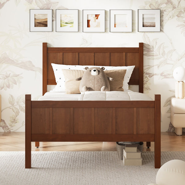 English Elm Twin Platform Bed Vertical Slat Headboard Farmhouse Shaker Wood Grain Finish Bedroom Dark Walnut N733P422478P