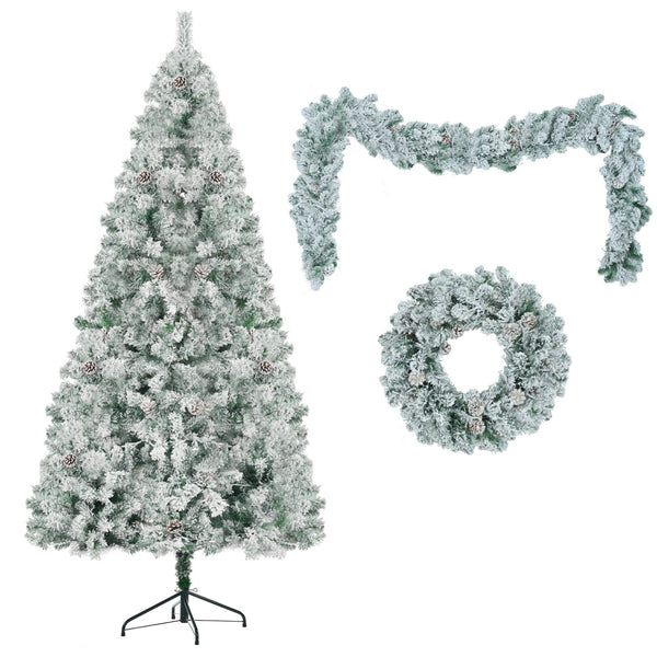 English Elm 6FT Snow Flocked Christmas Tree with Pre-Lit Colorful LEDs, 9ft Garland & Wreath Set, Hinged Decor N704P199472A
