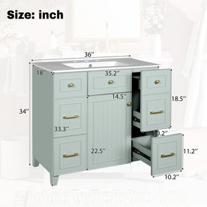 English Elm 36" Green Bathroom Vanity with Ceramic Sink, Gold Handles, Soft-Close Drawers & Adjustable Shelf N729P257304F
