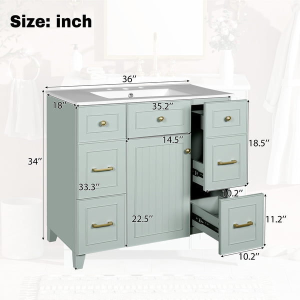 English Elm 36" Green Bathroom Vanity with Ceramic Sink, Gold Handles, Soft-Close Drawers & Adjustable Shelf N729P257304F
