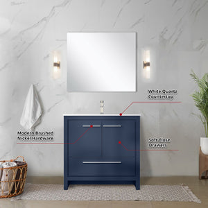 English Elm Navy Blue Bath Vanity Set 36" With White Quartz Top, Brushed Nickel Faucet & 28" Mirror - Elegant Design B2731S02064