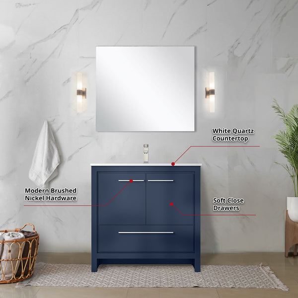 English Elm Navy Blue Bath Vanity Set 36" With White Quartz Top, Brushed Nickel Faucet & 28" Mirror - Elegant Design B2731S02064