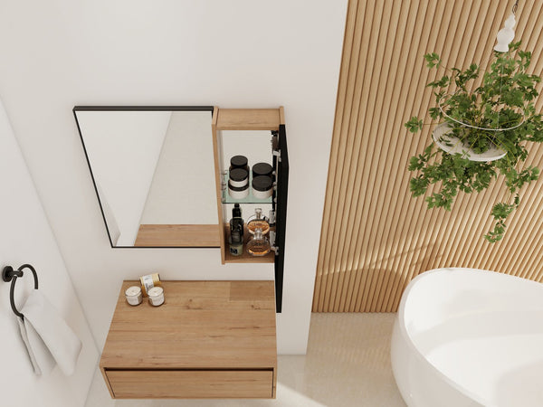 English Elm 10'' Floating Bathroom Mirror Cabinet Plywood Body Acrylic Door Adjustable Shelf W999P470297
