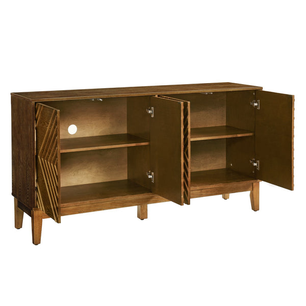 English Elm 60.5'' Buffet Cabinet with Fluted Geometric Doors, Mid-Century Sideboard with Adjustable Shelves & Outlet Holes Walnut Brown W1801P288506