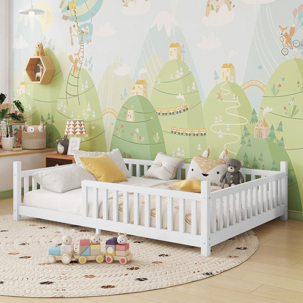 English Elm Twin Montessori Floor Bed House Frame with Led Lighting and Safety Rails for Kids White W2593P440589
