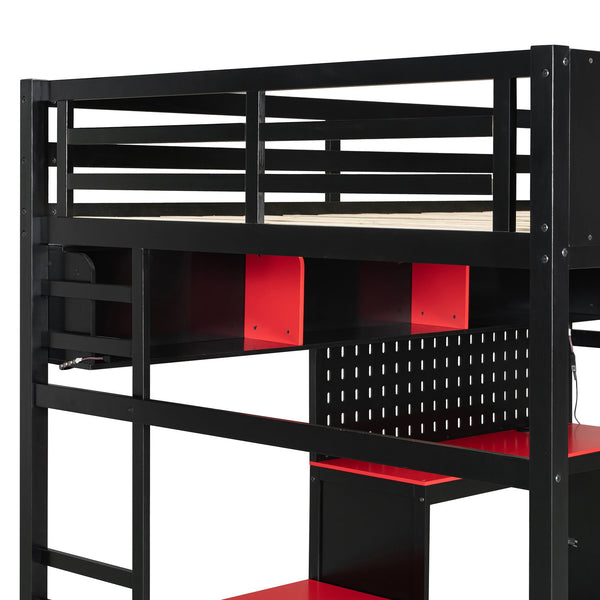 English Elm Full Size Gaming Loft Bed with Built-in Desk Led Lighting Usb Ports and Pegboard Black+Red LT000270AAR