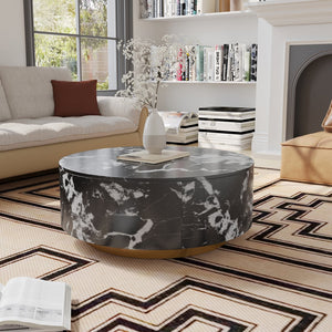 English Elm Tavola Round Coffee Table with Marble Pattern Top and Metal Legs, Two Drawers for Stylish Storage Black B341P321162