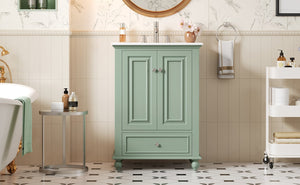 English Elm 24'' French Style Bathroom Vanity with Ceramic Sink Soft Close Cabinet and Drawer Green N710P411227F