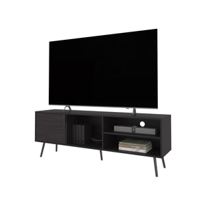 English Elm Mescal modern TV stand with concealed door and open shelving, conical legs, sleek storage center Wenge 68.5 L x 20.9 W x 5.1 H B128P263711