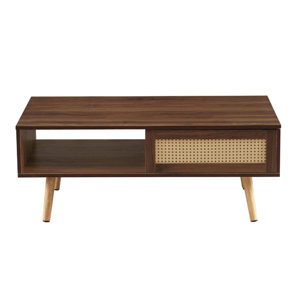 English Elm Pe Rattan Coffee Table With Sliding Storage Door, Solid Wood Legs, Modern Walnut Finish For Living Room W1265P236868-GIGA