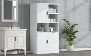 English Elm Bathroom Tall Storage Cabinet with Doors, 2 Drawers, Adjustable Shelf, Anti-Tip, MDF White, Sleek Handles WF530559AAK