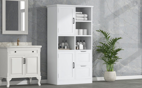 English Elm Bathroom Tall Storage Cabinet with Doors, 2 Drawers, Adjustable Shelf, Anti-Tip, MDF White, Sleek Handles WF530559AAK