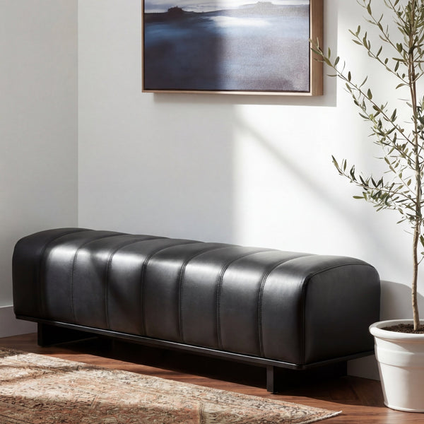 English Elm Indoor Channel Tufted Chenille Upholstered Bench Rubberwood Legs Entryway Dining Black N779P367309H