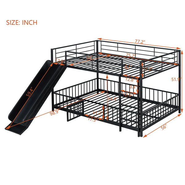 English Elm Full Full over Full Metal Bunk Bed with Slide, Interchangeable Stairs, Gate & Safety Guardrails for Kids Black SF000170AAB