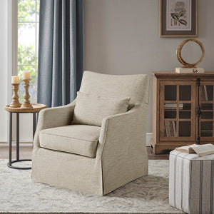 JLA Home Martha Stewart - London Upholstered Skirted Swivel Armchair by Martha Stewart — Linen-Look Fabric, 360° Quiet Rotation, Plush Lumbar Support Beige Multi MT103-1199