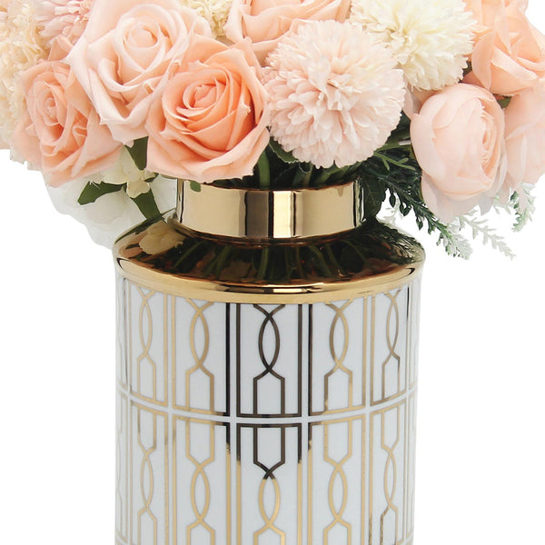 English Elm Elegant White Ceramic Ginger Jar With Gold Geometric Design - Modern Storage & Decor Accent B030P308537